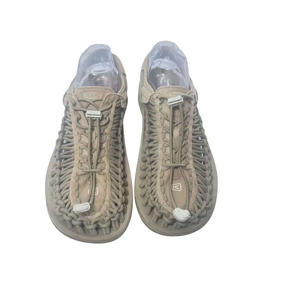 Keen Uneek Sandals Mens US 10 Gray Suede Walking Hiking Woven Bungee White Logo